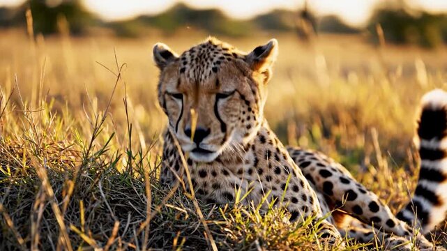 A beautiful wild animal rests in the tall grass, basking in the warm sunlight during the golden hour of the day