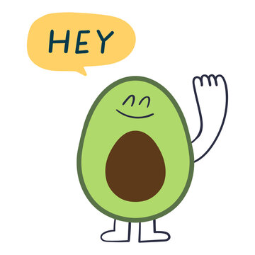 Avocado character waving hand with hey speech bubble