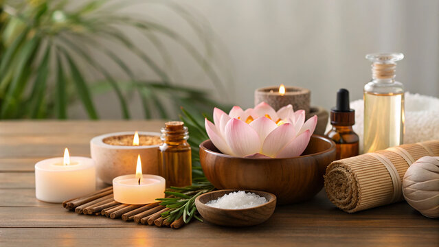 Ayurvedic spa still life with candles, essential oils, and lotus flowers on a wooden table in a wellness setting