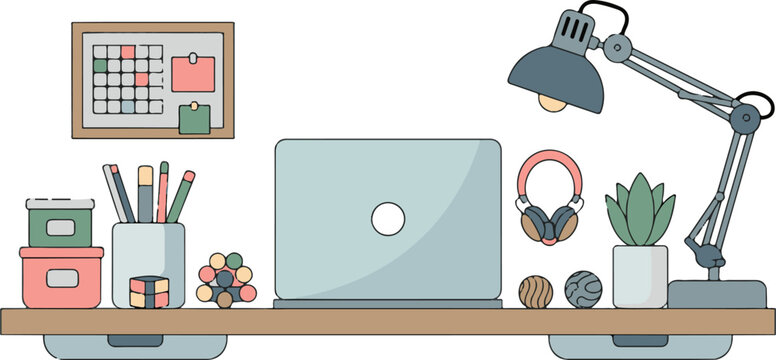 Desk shelf with laptop lamp headphones and supplies