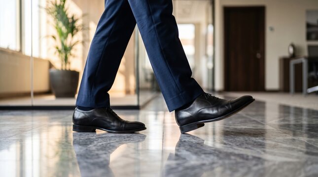 Business person walking in office hallway wearing formal shoes and suit trousers with trousers professional corridor