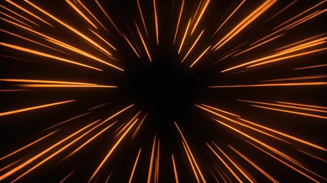 Pulsating orange light speed trails bursting from black hole center, abstract motion graphic animation loop, symbolizing fast travel, energy, and warp speed