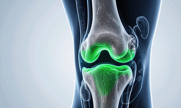 Knee joint regeneration cartilage restoration in transparent leg with synovial fluid improvement for mobility concept