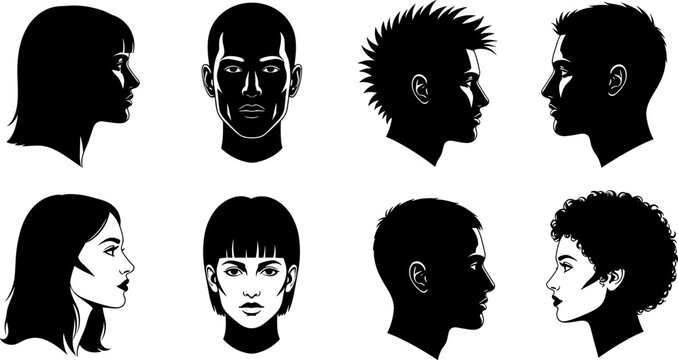 Male and female head silhouette set with front and side profiles showing diverse hairstyles isolated on white background for design