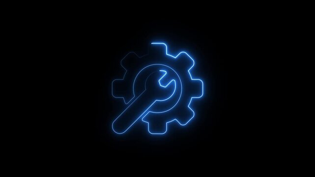 neon gear and wrench icon animation on black background representing service.neon gear and wrench repair icon glowing animation loop on black background