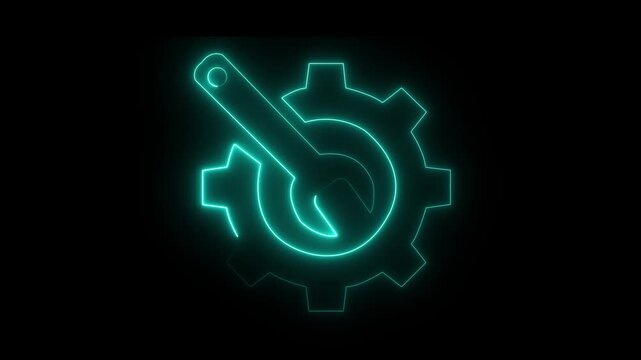 neon gear and wrench icon animation on black background representing service.neon gear and wrench repair icon glowing animation loop on black background