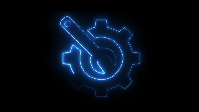 neon gear and wrench icon animation on black background representing service.neon gear and wrench repair icon glowing animation loop on black background