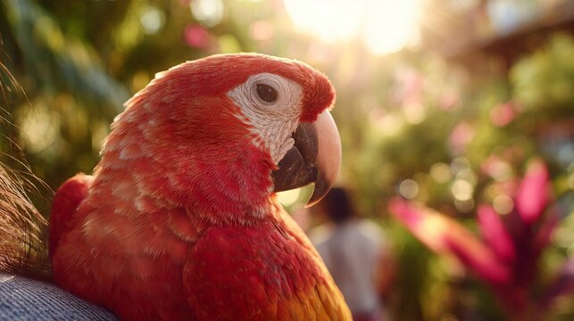 A vibrant red parrot perched calmly in a lush garden, showcasing its striking hues in the warm sunlight.