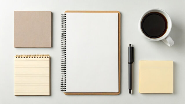 Stationery setup with notebook, pens, coffee, and sticky notes on table for writing and planning tasks
