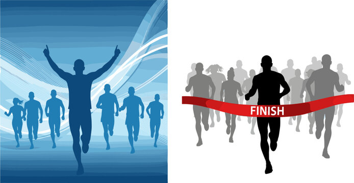 Running race silhouettes with winner crossing finish line and group of runners in motion isolated on white background