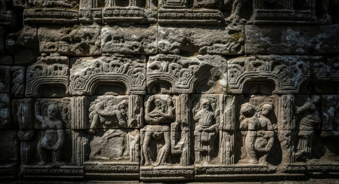 ancient stone carving of intricate mayan glyphs on weathered temple wall in dim lighting
