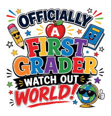 Fototapeta premium Vibrant cartoon back to school first grader announcement with apple globe pencil and book first back to school