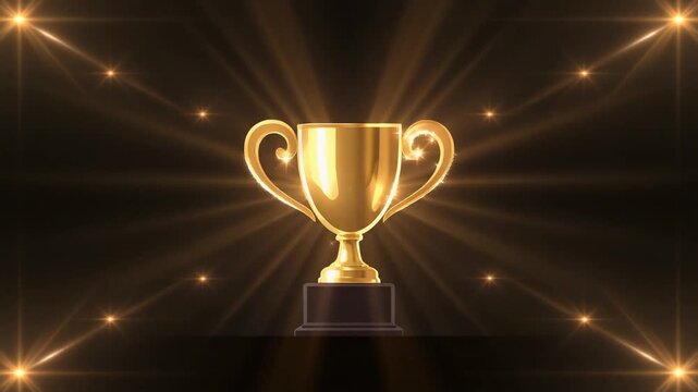 Golden Trophy With Radiant Rays and Sparkle Effects, Cinematic Motion Graphics Loop, Representing Achievement, Victory, Success, and Excellence