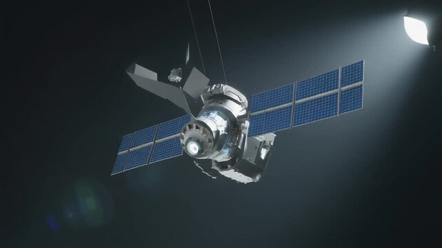 A detailed 3D rendering of a sophisticated satellite with solar panels extended, illuminated by a spotlight against a dark background.