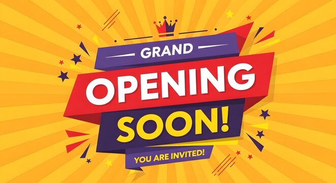 Grand opening soon banner with crown and star decorations