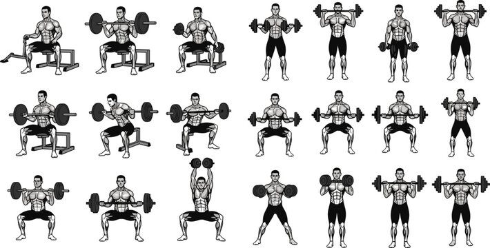 Weightlifting exercise illustration set showing squat press curl and strength training routines with male athlete isolated on white background