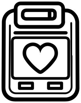 Simple line art icon of a defibrillator aed device with heart symbol on screen for medical emergencies and healthcare
