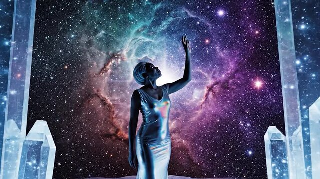 A mysterious figure stands before glowing crystal formations, with a vibrant nebula and starry cosmos in the background, creating a surreal scene