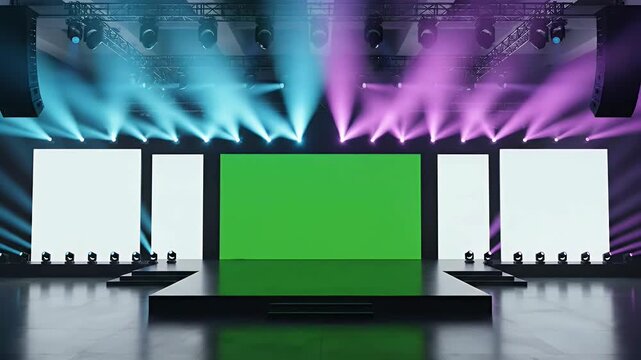 A brightly lit stage setup features three large screens flanked by spotlights and a reflective floor, creating a dynamic and professional presentation environment.