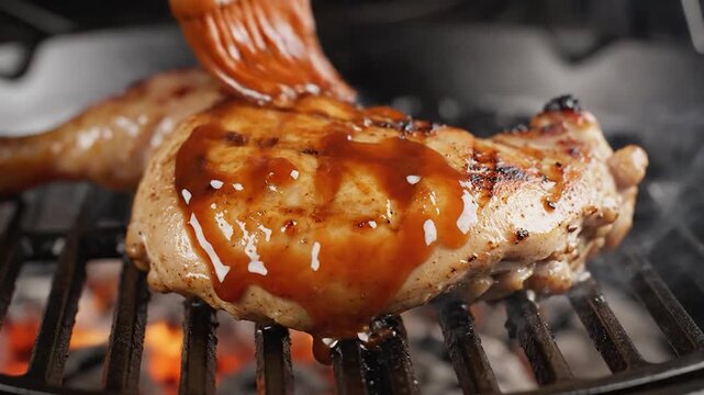 Close-up of a chef basting juicy chicken on a hot grill with barbecue sauce.