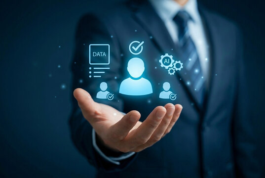CRM, Businessman using AI and data analysis to identify target audience. Concept of customer segmentation, partner profiling, predictive analytics, CRM system, and strategic business intelligence.