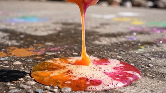 A colorful treat melting on a rough surface, creating a vibrant and abstract pattern with its melting colors and textures