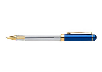 Naklejka premium Blue and gold metal ballpoint pen with clear barrel and clip isolated on white transparent background