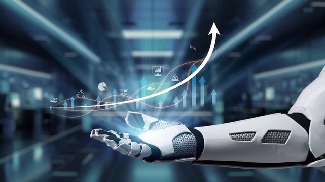A futuristic robotic hand displays various digital growth symbols, set against a dynamic high-tech background. The video symbolizes innovation and progress in technology. Auvana