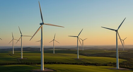 Fototapeta premium Expansive Wind Farm at Golden Hour Sunset