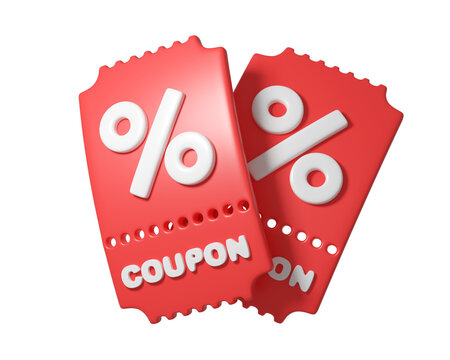 3d red discount coupon tickets with percent symbol, isolated on background. Template Blank voucher for sale, promotion concept, online shopping. 3d render
