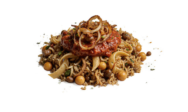 Koshary Egyptian food dish with rice lentils pasta and fried onions isolated on a transparent background for culinary design