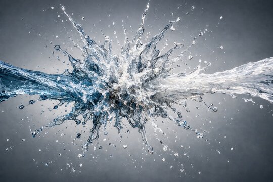 Dynamic water splash collision forming abstract liquid explosion isolated on gray background texture