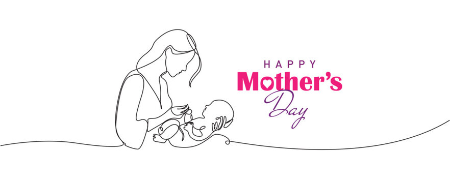 Happy mother's day concept vector illustration. Mother and children line art concept background.