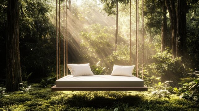 Floating bed swing in forest with sunlight rays creating peaceful luxury nature retreat scene serene