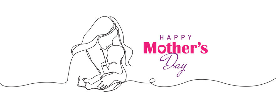 Happy mother's day concept vector illustration. Mother and children line art concept background.