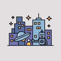 Obraz premium Robot Watching UFO over City at Night