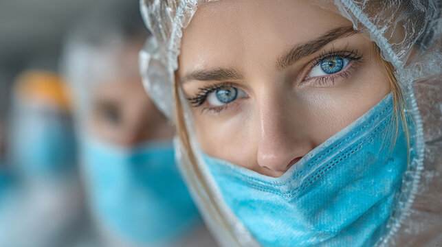 Woman in blue surgical mask and hair net looks directly at camera with intense gaze wearing protective gear ppe in medical setting with blurred background