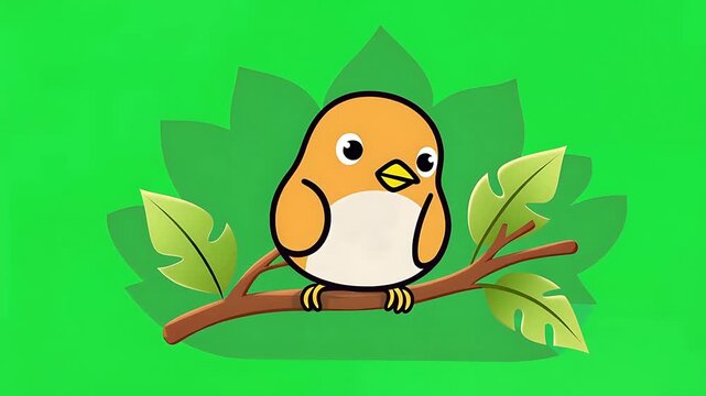 Cute cartoon orange bird perched on a branch with green leaves. Adorable animal character illustration on a vibrant green background.