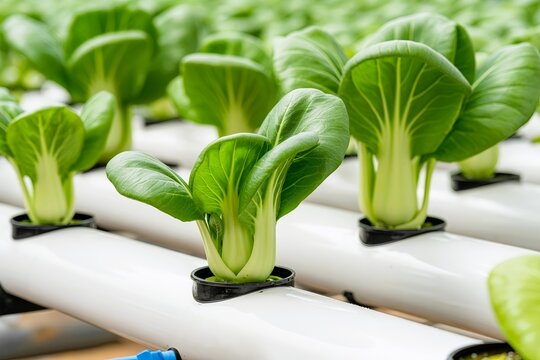 Bok choy vegetable growing in hydroponic pipe system. Modern soilless indoor farming