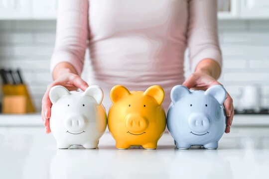 person show three piggy banks on white counter. Diversify savings and financial portfolio