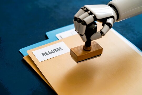Robot hand stamp resume file folder. AI screening CV and automated recruitment