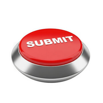 A sleek red submit button with a metallic finish and reflective surface isolated on transparent background