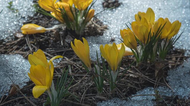 A macro time lapse of snow melting and yellow crocus flowers in spring, seasonal warming with flowering plants and droplets of water, Yellow crocus flowers blooming through melting snow