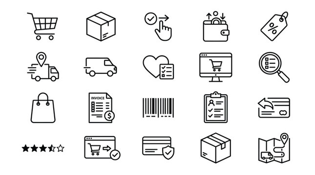 Ecommerce and online shopping line icons set delivery, payment, wishlist, tracking