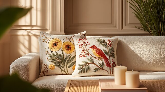 Cushions with Sunflower and Bird Prints on a Sofa / ひまわりと鳥のプリントクッションが置かれたソファ