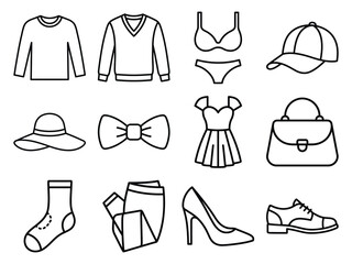 Fototapeta premium Clothing and fashion accessory icon set with apparel items shoes hats and bags in line art style clothing accessory