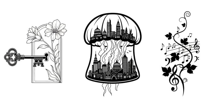 Black and white cityscape illustrations with key and music notes