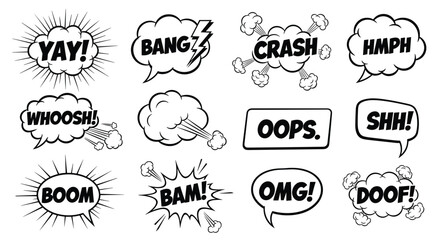 Comic Style Sound Effect Words with Expressions like Yay, Bang, Boom, OMG, and More in Pop Art Design © mdferozhossain