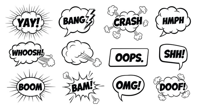 Comic Style Sound Effect Words with Expressions like Yay, Bang, Boom, OMG, and More in Pop Art Design
