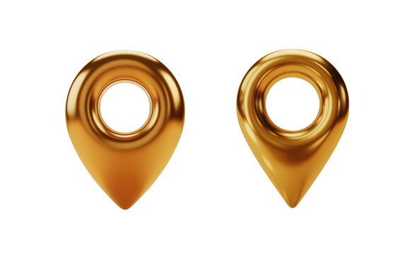 Golden map pin icons, shiny metallic location markers isolated on transparent background for navigation and direction